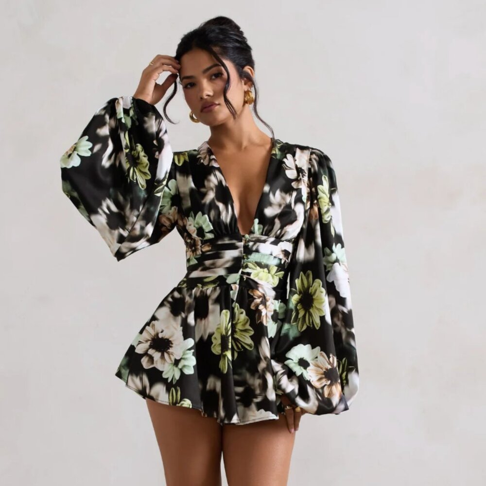 Club L London Katsura Black Floral Print Satin Plunge-Neck Playsuit Size Small